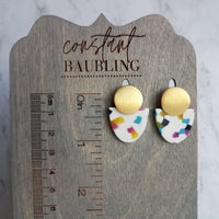 Gold Acrylic Speckled Earrings, 80s earring, retro earring, vintage earring, jelly candy earring, white earring, polka dot semicircle nougat - Constant Baubling