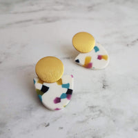 Gold Acrylic Speckled Earrings, 80s earring, retro earring, vintage earring, jelly candy earring, white earring, polka dot semicircle nougat - Constant Baubling