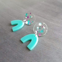 Clear Confetti Earrings, aqua blue dangle arch, metallic purple polka dot earring, chunky earring, 80s earring, 80s style, vintage style - Constant Baubling