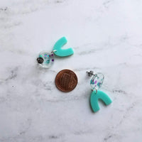 Clear Confetti Earrings, aqua blue dangle arch, metallic purple polka dot earring, chunky earring, 80s earring, 80s style, vintage style - Constant Baubling