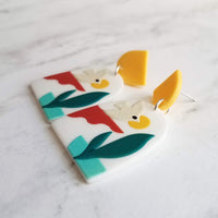 Sunset Earrings, large 80s earring, flying bird earring, tropical earring, scenery earring, chunky acrylic earring, plastic earring, white - Constant Baubling