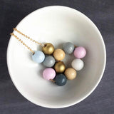 Wood Bead Necklace, painted wood beads, soft color bead necklace, gold, white, pink, grey, natural wood, long gold chain, color block balls - Constant Baubling