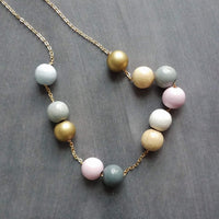Wood Bead Necklace, painted wood beads, soft color bead necklace, gold, white, pink, grey, natural wood, long gold chain, color block balls - Constant Baubling