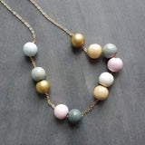Wood Bead Necklace, painted wood beads, soft color bead necklace, gold, white, pink, grey, natural wood, long gold chain, color block balls - Constant Baubling