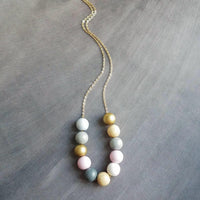 Wood Bead Necklace, painted wood beads, soft color bead necklace, gold, white, pink, grey, natural wood, long gold chain, color block balls - Constant Baubling