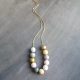 Wood Bead Necklace, painted wood beads, soft color bead necklace, gold, white, pink, grey, natural wood, long gold chain, color block balls - Constant Baubling