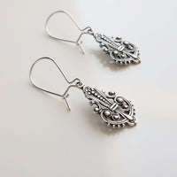 Silver Art Deco Earrings, filigree earring, antique silver earring, delicate silver earring, kidney wire, aged silver earring, lightweight - Constant Baubling