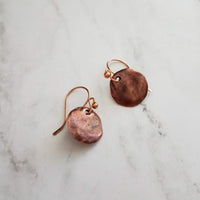 Copper Disk Earrings, copper earrings, rustic earring, wavy disk earring, patina earring, blue green earring, verdigris patina, round disk - Constant Baubling