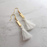 Gold White Tassel Earrings, long tassel earring, brass tassel earring, gold tassel earring, boho tassel earring, boho earring small tassel - Constant Baubling