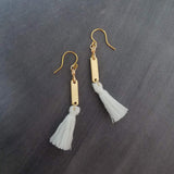 Gold White Tassel Earrings, long tassel earring, brass tassel earring, gold tassel earring, boho tassel earring, boho earring small tassel - Constant Baubling