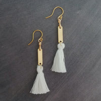 Gold White Tassel Earrings, long tassel earring, brass tassel earring, gold tassel earring, boho tassel earring, boho earring small tassel - Constant Baubling