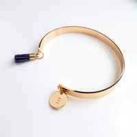 Gold Cuff Bracelet, initial bracelet, gold letter bracelet, gold tassel bracelet, thin gold cuff, navy blue tassel cuff, letter charm bangle - Constant Baubling