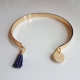 Gold Cuff Bracelet, initial bracelet, gold letter bracelet, gold tassel bracelet, thin gold cuff, navy blue tassel cuff, letter charm bangle - Constant Baubling