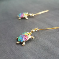 Gold Turtle Earrings, enamel turtle earring, terrapin earring, reptile earring, rainbow turtle earring, watercolor turtle, colorful turtle - Constant Baubling