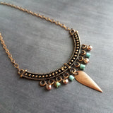Antique Copper Necklace, stone bead necklace, turquoise copper necklace, bib necklace, u shape pendant, copper semicircle, copper dangle - Constant Baubling