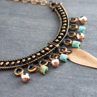 Antique Copper Necklace, stone bead necklace, turquoise copper necklace, bib necklace, u shape pendant, copper semicircle, copper dangle - Constant Baubling