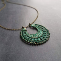 Crescent Moon Necklace, verdigris patina necklace, semicircle pendant, bronze necklace, medallion pendant, filigree pendant necklace, green - Constant Baubling