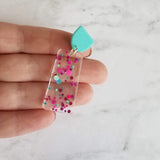 Chunky 80s Earrings, aqua blue stud, turquoise earring, clear acrylic earring, metallic dots magenta polka dot hot pink dots big lightweight - Constant Baubling