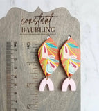 80s Bright Color Large Earrings, tropical flower earring, abstract design earring, pink orange tropical color, 2.5 in long thick lightweight - Constant Baubling