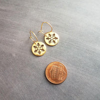 Gold Snowflake Earrings, snowflake charm, snow earring, gold winter earring, snowflake outline, punched snowflake earring, cut out snowflake - Constant Baubling