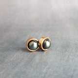 Rose Gold Stud Earrings, gazing ball earring, faux hematite earring, small round earring, stainless steel, 8mm hypoallergenic, silver black - Constant Baubling