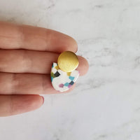 Gold Acrylic Speckled Earrings, 80s earring, retro earring, vintage earring, jelly candy earring, white earring, polka dot semicircle nougat - Constant Baubling