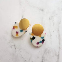 Gold Acrylic Speckled Earrings, 80s earring, retro earring, vintage earring, jelly candy earring, white earring, polka dot semicircle nougat - Constant Baubling