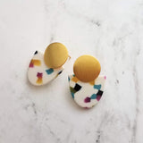 Gold Acrylic Speckled Earrings, 80s earring, retro earring, vintage earring, jelly candy earring, white earring, polka dot semicircle nougat - Constant Baubling