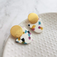 Gold Acrylic Speckled Earrings, 80s earring, retro earring, vintage earring, jelly candy earring, white earring, polka dot semicircle nougat - Constant Baubling