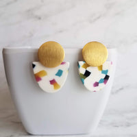 Gold Acrylic Speckled Earrings, 80s earring, retro earring, vintage earring, jelly candy earring, white earring, polka dot semicircle nougat - Constant Baubling