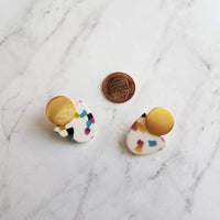 Gold Acrylic Speckled Earrings, 80s earring, retro earring, vintage earring, jelly candy earring, white earring, polka dot semicircle nougat - Constant Baubling