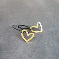 Simple Gold Heart Earrings, matte black kidney hook, asymmetrical heart earring, Valentine's Day earring, galentine gift, gold heart outline - Constant Baubling