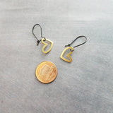 Simple Gold Heart Earrings, matte black kidney hook, asymmetrical heart earring, Valentine's Day earring, galentine gift, gold heart outline - Constant Baubling
