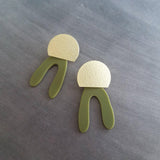 Gold Olive Green Earrings, 80s earring, retro earring, vintage style earring, acrylic arch, plastic u shape, chunky green earring, large - Constant Baubling