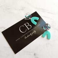 Clear Confetti Earrings, aqua blue dangle arch, metallic purple polka dot earring, chunky earring, 80s earring, 80s style, vintage style - Constant Baubling