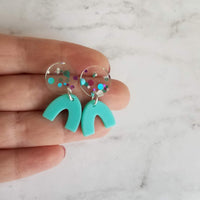 Stripe Dangle Earrings, 80s earring, aqua blue dangle, chunky earring, vintage 80s style, bright color earring, round colorful stripe arch u - Constant Baubling