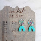 Clear Confetti Earrings, aqua blue dangle arch, metallic purple polka dot earring, chunky earring, 80s earring, 80s style, vintage style - Constant Baubling