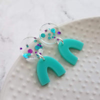 Clear Confetti Earrings, aqua blue dangle arch, metallic purple polka dot earring, chunky earring, 80s earring, 80s style, vintage style - Constant Baubling