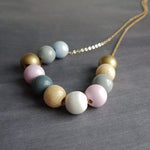 Wood Bead Necklace, painted wood beads, soft color bead necklace, gold, white, pink, grey, natural wood, long gold chain, color block balls - Constant Baubling