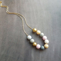 Wood Bead Necklace, painted wood beads, soft color bead necklace, gold, white, pink, grey, natural wood, long gold chain, color block balls - Constant Baubling