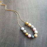 Wood Bead Necklace, painted wood beads, soft color bead necklace, gold, white, pink, grey, natural wood, long gold chain, color block balls - Constant Baubling