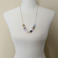 Wood Bead Necklace, painted wood beads, soft color bead necklace, gold, white, pink, grey, natural wood, long gold chain, color block balls - Constant Baubling