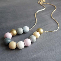 Wood Bead Necklace, painted wood beads, soft color bead necklace, gold, white, pink, grey, natural wood, long gold chain, color block balls - Constant Baubling