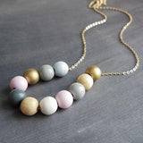 Wood Bead Necklace, painted wood beads, soft color bead necklace, gold, white, pink, grey, natural wood, long gold chain, color block balls - Constant Baubling