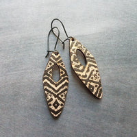 Tribal Earrings, leather earring, genuine leather earring, long leather earring, printed leather earring, black brown leather, geometric - Constant Baubling