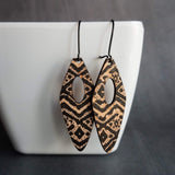 Tribal Earrings, leather earring, genuine leather earring, long leather earring, printed leather earring, black brown leather, geometric - Constant Baubling
