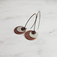 Copper Disk Earrings, silver copper earring, copper circles earring, flat circle earring, stacked disk earring, antique copper disk earring - Constant Baubling