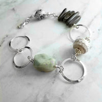 Chunky Silver Bracelet, shell bracelet, circle bracelet, eclectic bracelet, one of a kind, Amazonite bracelet, stone chunk bracelet, paua - Constant Baubling