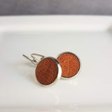 Leather Earrings, stainless steel earring, silver lever back earring, saddle brown leather earring, hypoallergenic earring, round leverback - Constant Baubling