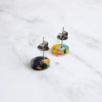 Multicolor Small Round Stud Earrings, hypoallergenic earring, colorful stud, post earring, 80s earring, splatter color turquoise pink yellow - Constant Baubling
